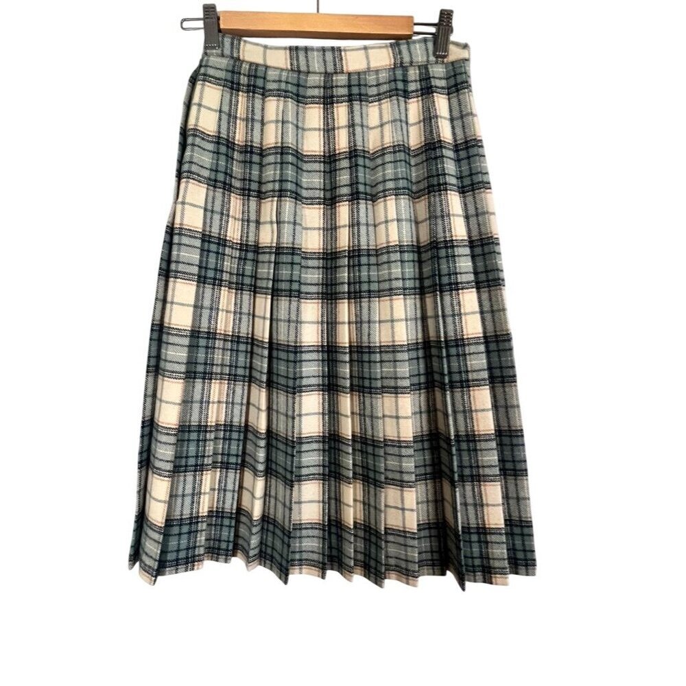 Vintage Tartan Pleated Plaid Wool Skirt 12 Green Academia Scottish Clan Chic 70s - Picture 4 of 11
